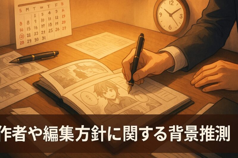 作者や編集方針に関する背景推測を漫画原稿と作業机の手元で表現したイラスト