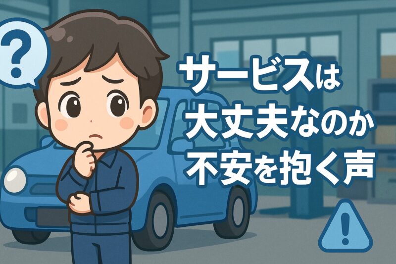 オートバックスのオイル交換サービスは大丈夫なのかと不安を抱く声を表したイラスト