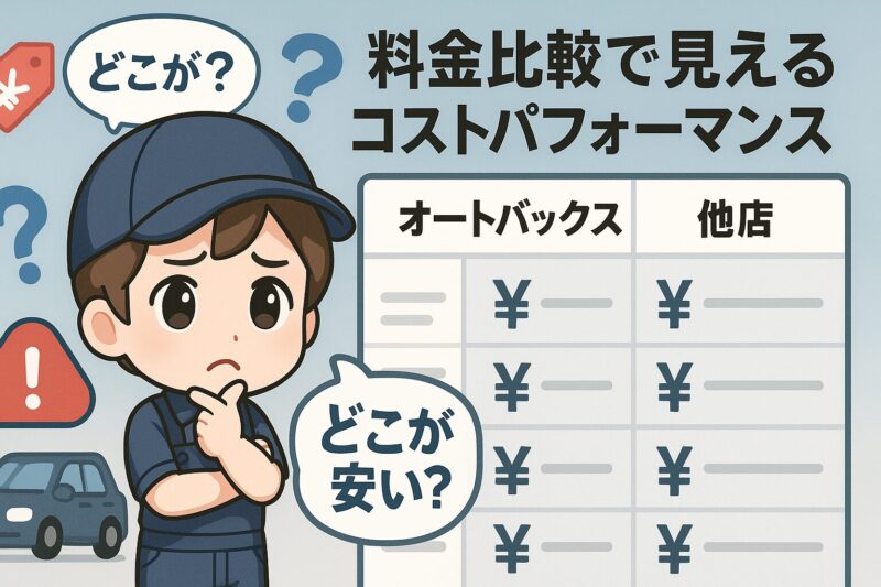オートバックスのオイル交換料金比較でコストパフォーマンスを考えるキャラのイラスト