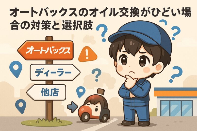 オートバックスのオイル交換がひどい場合の対策と選択肢を示す分かれ道のイラスト