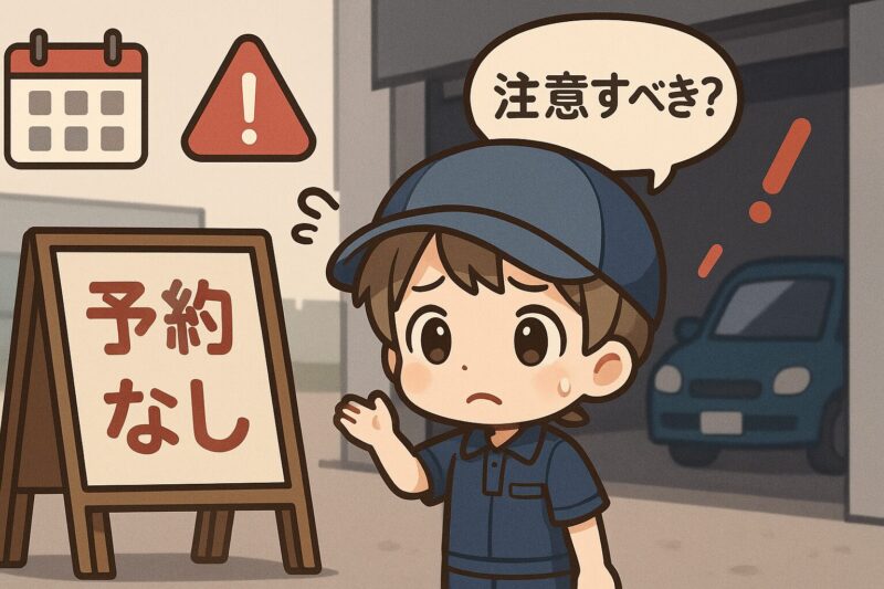 予約なしでオートバックスのオイル交換を利用する際の注意点を示すキャラのイラスト
