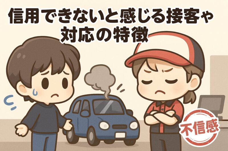 信用できないと感じるオートバックスの接客や対応を描いたねんどろいど風イラスト