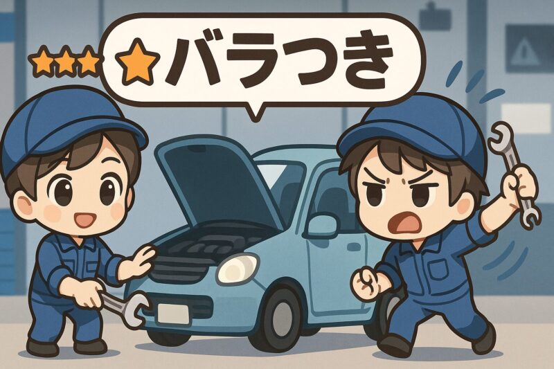 オートバックスのオイル交換における評判のばらつきを示す2人の整備士キャラのイラスト