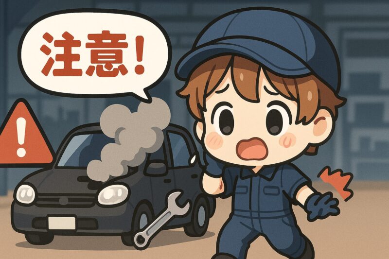 オートバックスのオイル交換で発生する整備ミスやトラブル事例に注意を促すイラスト