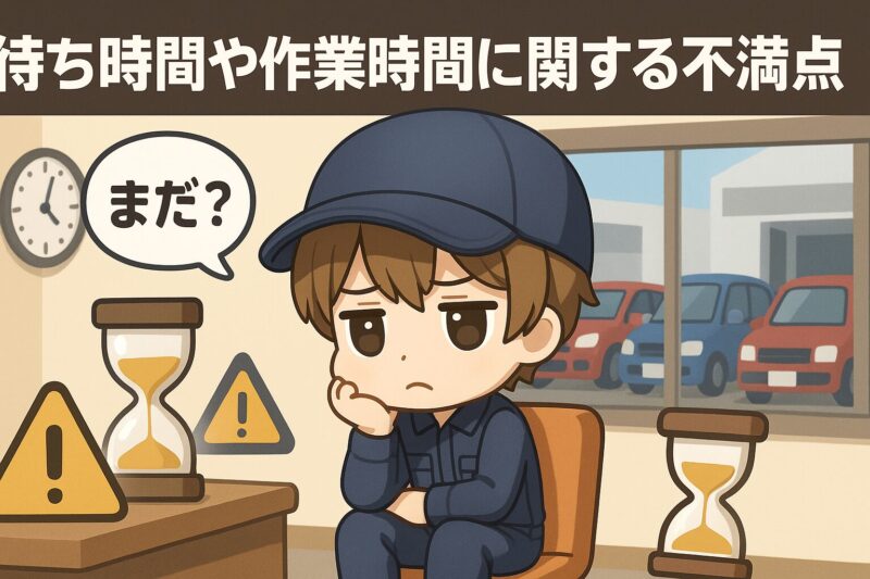 オートバックスのオイル交換で待ち時間や作業時間に不満を感じるキャラのイラスト