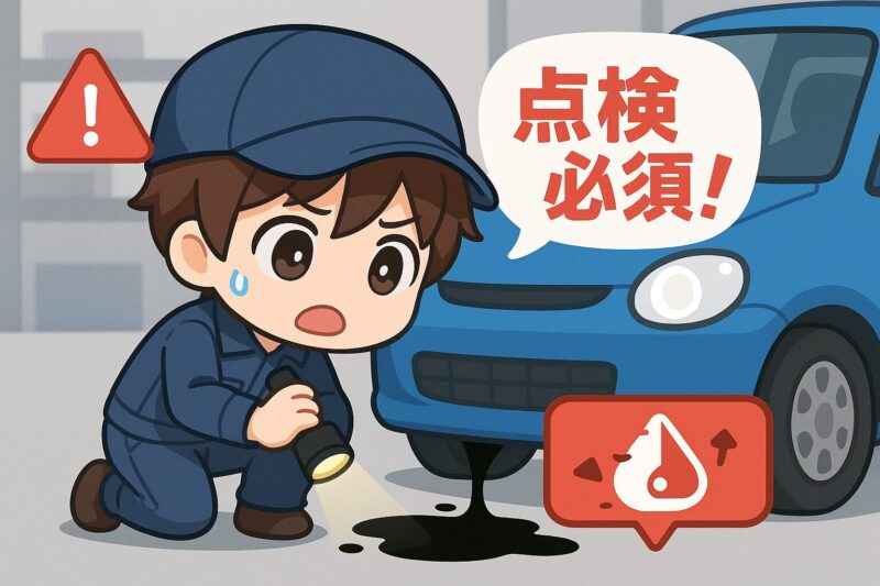 オイル漏れのリスクと点検の重要性を伝えるねんどろいど風キャラのイラスト
