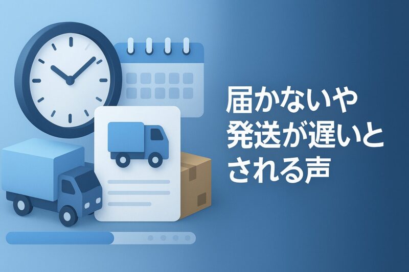 alt="びっくりカーテンが届かないや発送が遅いとされる声を示す時計と配送のイメージ"