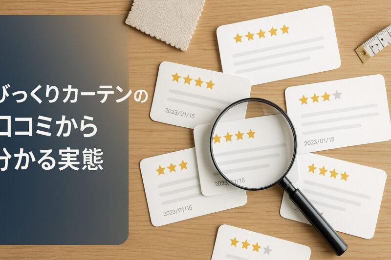 alt="びっくりカーテンの口コミから実態を読み解くレビューカードのイメージ"