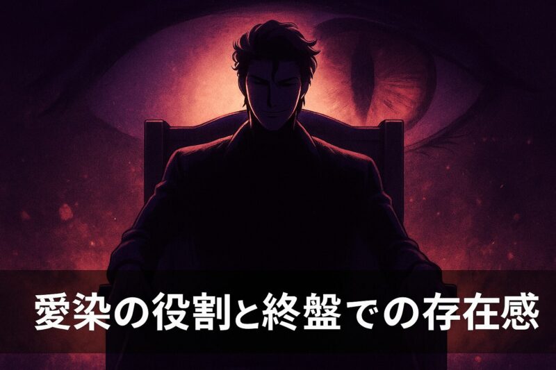 愛染の役割と終盤での存在感を玉座に座る男と巨大な瞳の幻影で表現したイラスト