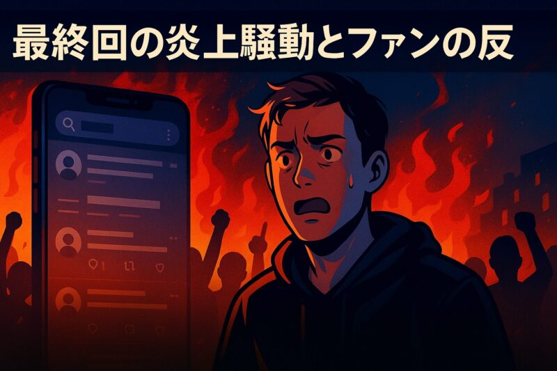 最終回の炎上騒動とファンの反応を描いたSNSと炎の群衆シーンのイラスト