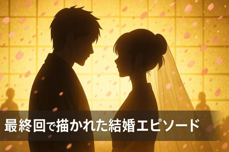 最終回で描かれた結婚エピソードを桜吹雪と影絵で表現したロマンチックなイラスト