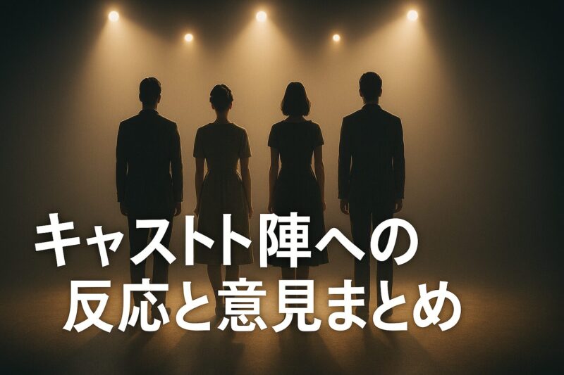 キャスト陣への反応と意見まとめを舞台上の俳優シルエットとライトで表現したイメージ画像