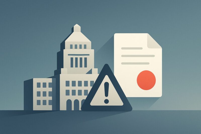 厚生労働省との関係性を表す庁舎と書類のイメージイラスト