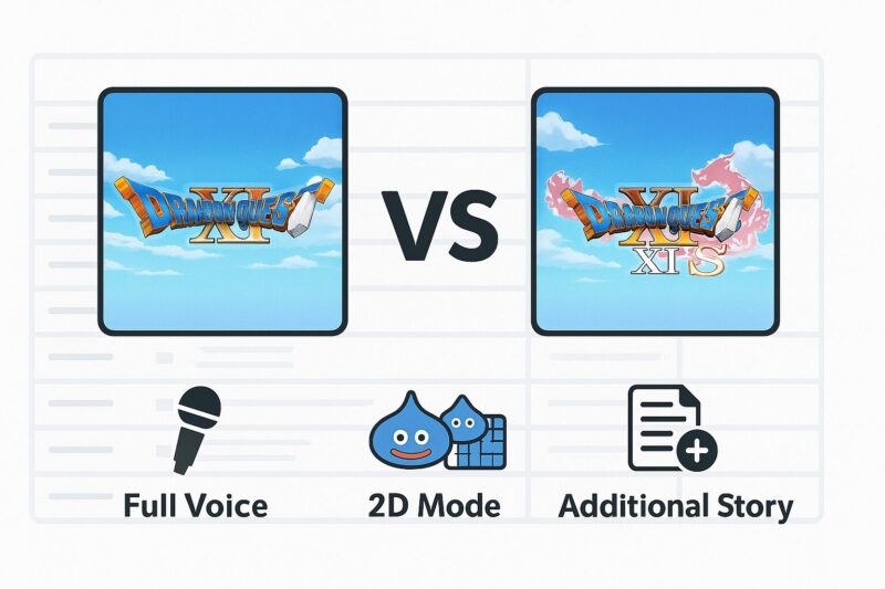 alt="ドラクエ11と11sの違いを比較するイラスト 無印版と11sのパッケージや追加要素アイコンを表示"