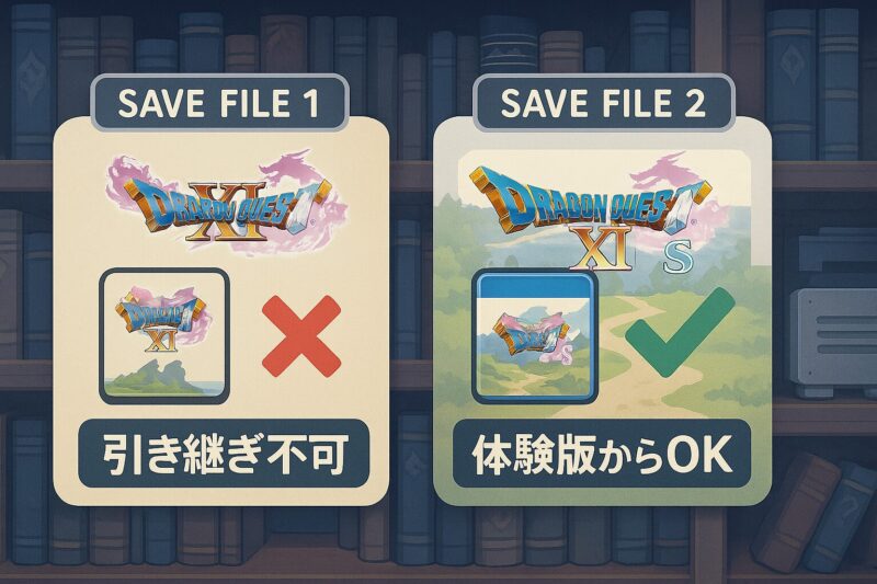 alt="ドラクエ11と11sのデータ引き継ぎ事情を表すイラスト 引き継ぎ不可と体験版からOKのセーブ画面"