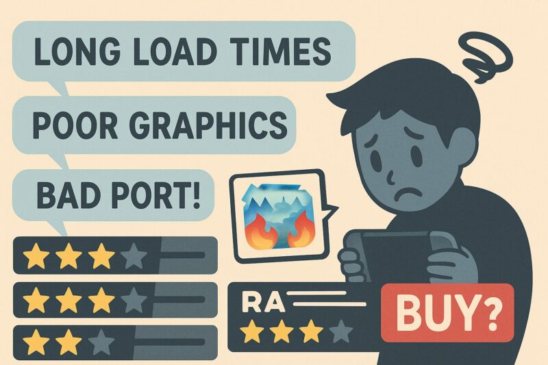 alt="ドラクエ11の評判が悪いと言われる要素を表すイラスト 低評価レビューと不満コメントが並ぶ画面"