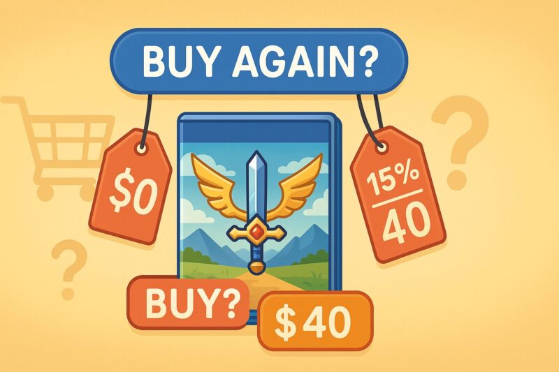 alt="ドラクエ11の買い直しや値段に不満が出る理由を表すイラスト 高額と割引タグが並ぶゲームパッケージ"