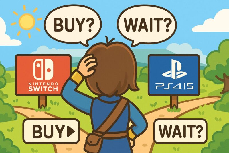 alt="ドラクエ11は買うべきか迷う人向けのイラスト 分かれ道でSwitchとPS4PS5を前に悩むキャラクター"