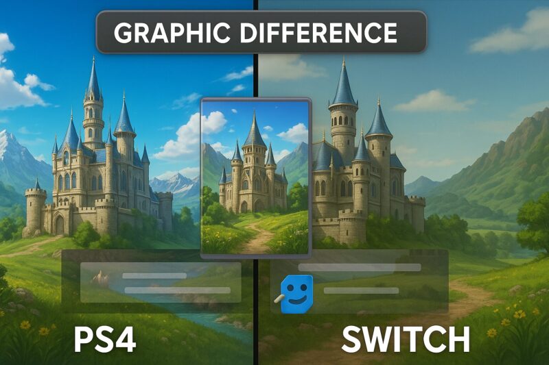 alt="ドラクエ11ps4版との劣化や違いを指摘するイラスト 高精細な映像と簡略化された映像の分割比較"