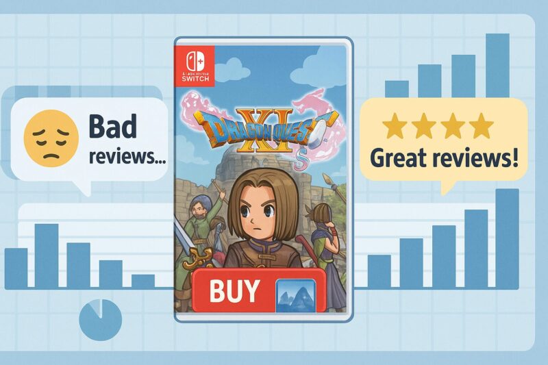 alt="ドラクエ11スイッチひどい評判と実際の差を示すイラスト 低評価と高評価レビューを比較表示"