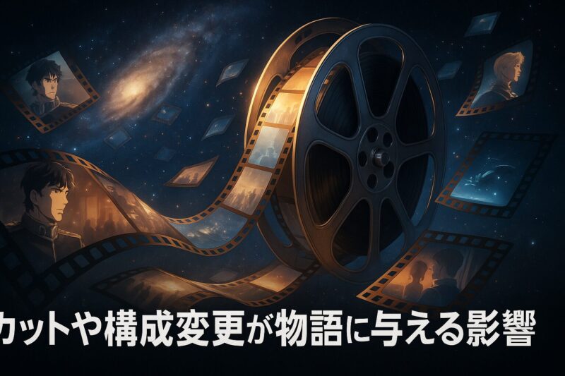 銀河英雄伝説リメイクのカットや構成変更による物語への影響をフィルムリールと場面カットで描いた構図