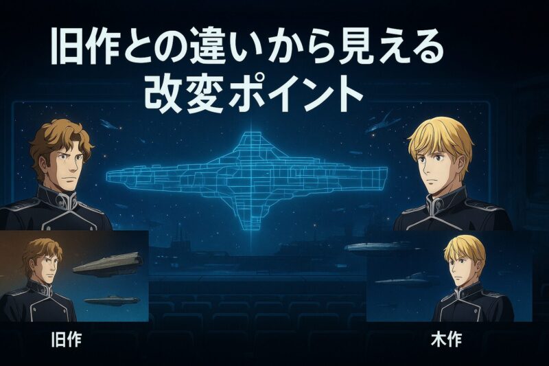銀河英雄伝説リメイクと旧作の改変ポイントをホログラム設計図で対比したイメージ