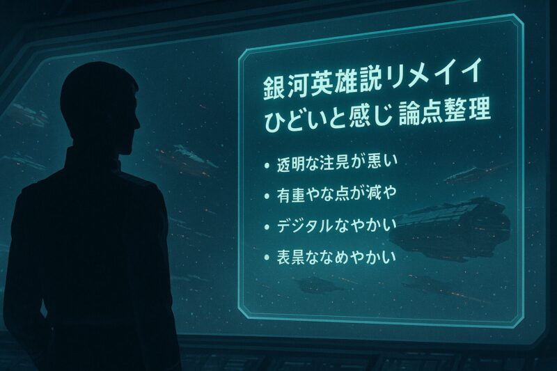 銀河英雄伝説リメイクひどいと感じる論点を艦橋ホログラムパネルで整理したイメージ