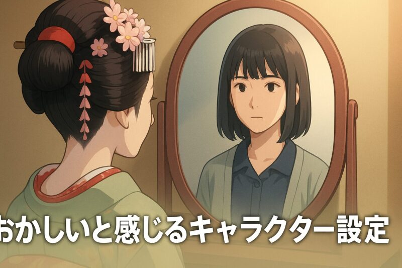 おかしいと感じるキャラクター設定を鏡に映る別人物で表現したイメージ画像