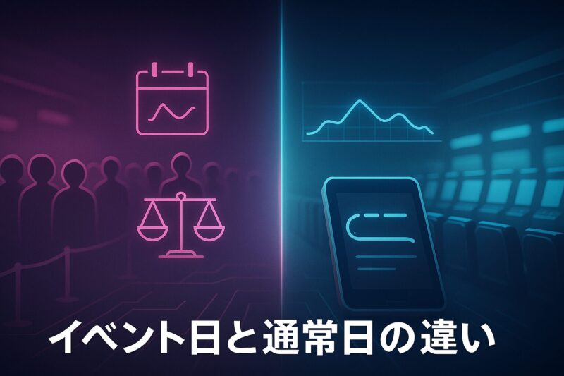 パールショップともえイベント日と通常日の違いを比較するグラフと人波の対比イメージ
