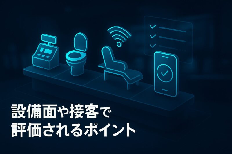 パールショップともえ設備面や接客で評価されるポイントを示すアイコンとカウンターのイメージ