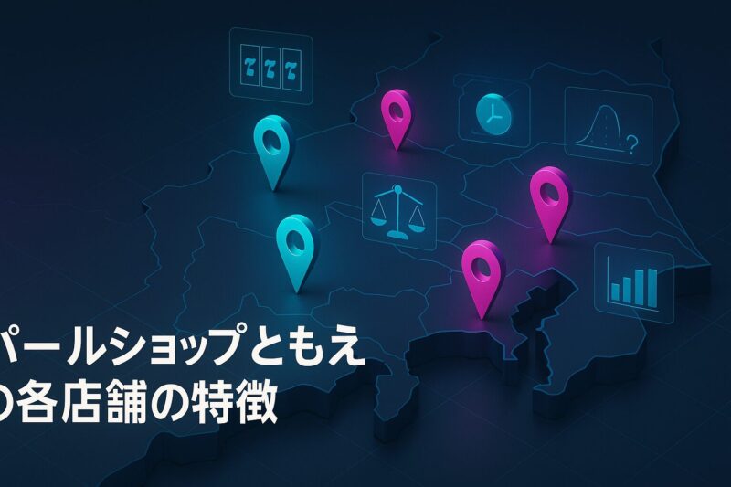 パールショップともえ各店舗の特徴を示す関東地図と設備アイコンのイメージ