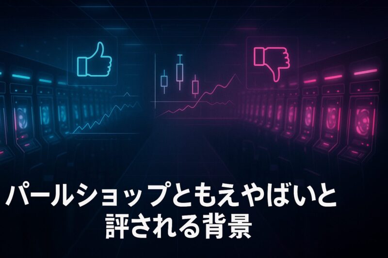 パールショップともえやばいと評される背景を示すパチンコホール通路と評価アイコンのイメージ
