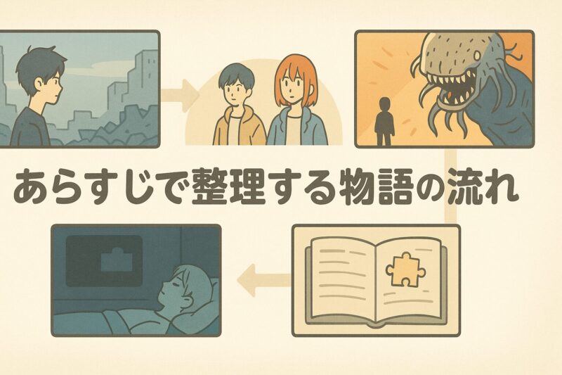 天国大魔境アニメのあらすじを整理する物語の流れをストーリーボード風に描いたイラスト