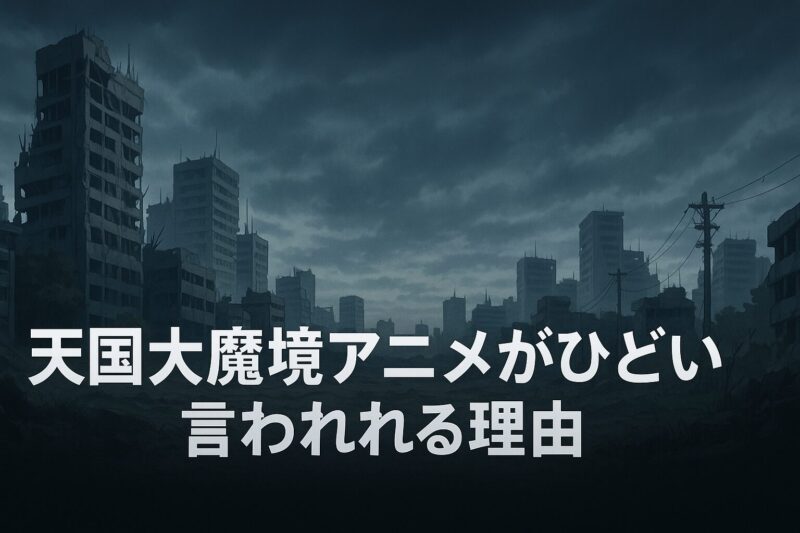 天国大魔境アニメがひどいと言われる理由を表現した曇天と荒廃した未来都市のイラスト