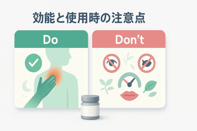 alt="タイガーバームの効能と使用時の注意点をDoとDon’tで比較したイラスト"  
