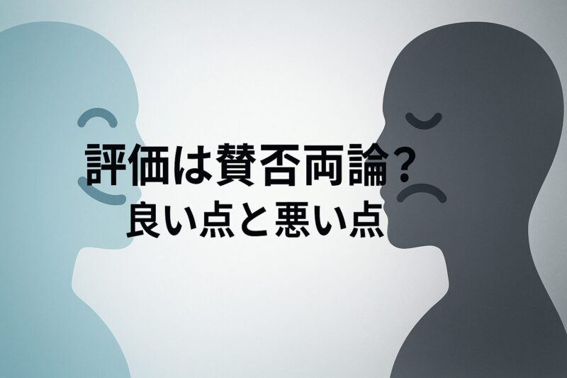 評価は賛否両論の良い点と悪い点を笑顔としかめ面のシルエットで示したイメージ画像