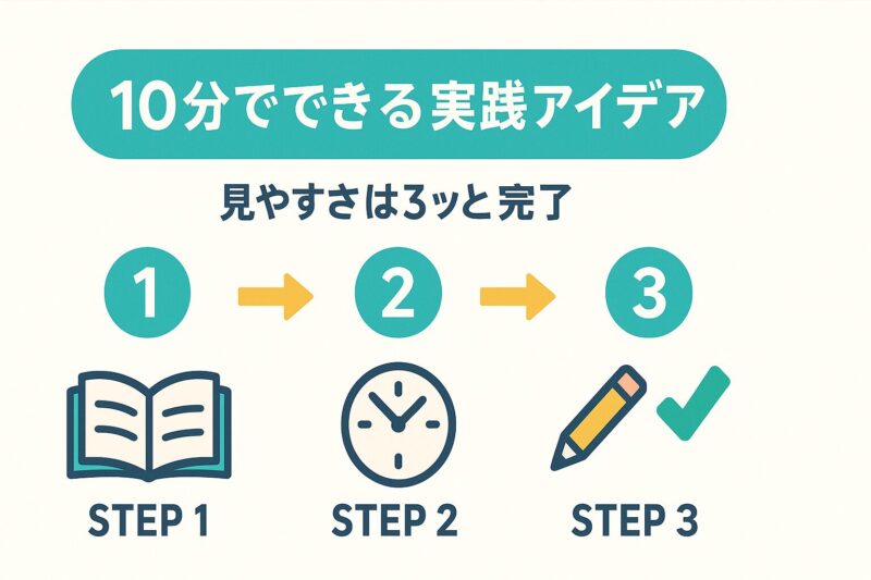 alt="3年生に役立つ10分でできる自学の実践アイデアを示すロードマップイラスト"
