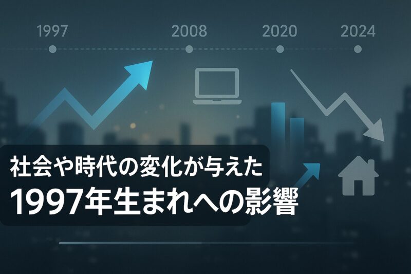 alt="社会や時代の変化が与えた1997年生まれへの影響を示す未来的なタイムラインデザイン"