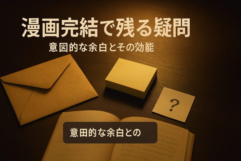 alt="漫画完結で残る疑問を表す封筒と付箋が置かれたデスク"

