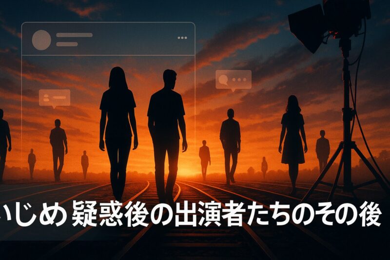 いじめ疑惑後の出演者たちのその後を分かれる線路と夕焼けで示すイメージ画像  
