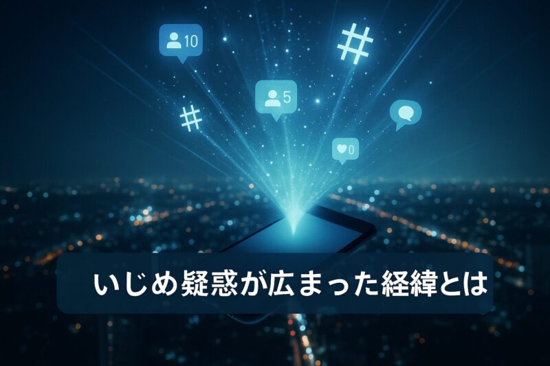 いじめ疑惑が広まった経緯をSNS拡散で表現したイメージ画像  
