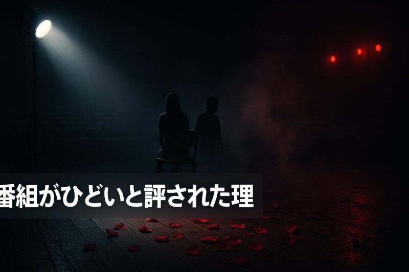 番組がひどいと評された理由を崩れかけた舞台とバラの花びらで表現したイメージ画像  
