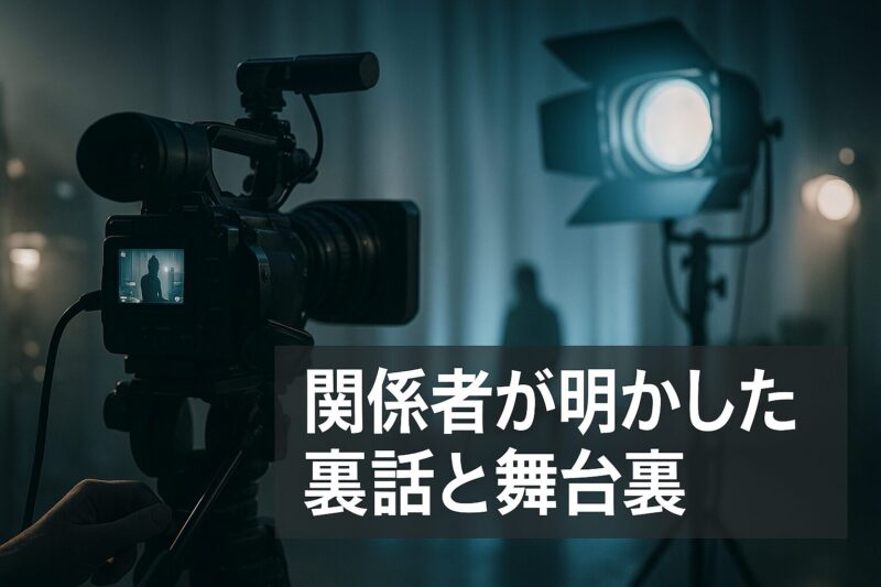 関係者が明かした裏話と舞台裏を撮影機材とモニターで描いたイメージ画像  
