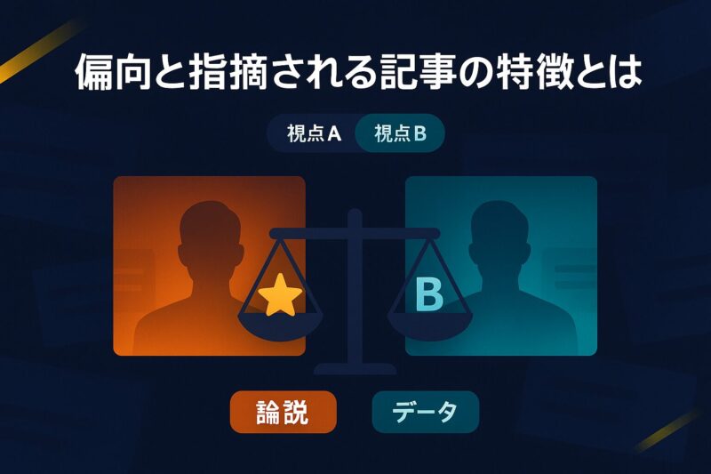 偏向と指摘される記事の特徴をフレーミングの違いで比較したイラスト
