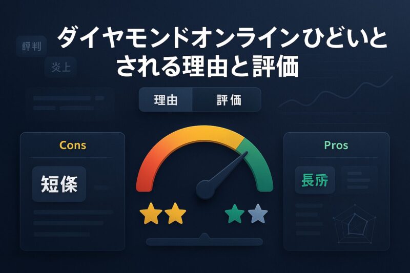 ダイヤモンドオンラインひどいとされる理由と評価を示すゲージと長所短所カード
