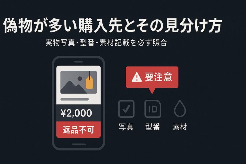 alt="偽物が多い購入先とguscioの見分け方を示す図解。実物写真、型番、素材記載の照合と注意点"
