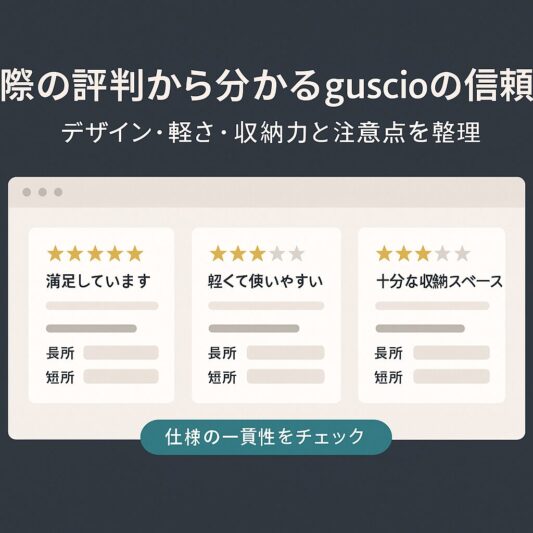alt="実際の評判から分かるguscioの信頼性を紹介する図解。デザインや軽さ収納力と注意点を整理"
