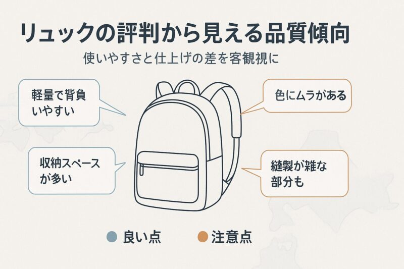 alt="リュックの評判から見えるguscioの品質傾向を示す図解。軽量や収納性と縫製や色味の注意点を比較"
