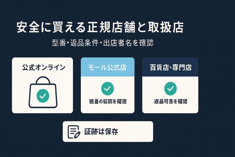 alt="安全に買える正規店舗とguscio取扱店を比較する図解。公式オンライン、モール公式店、百貨店の安全度"
