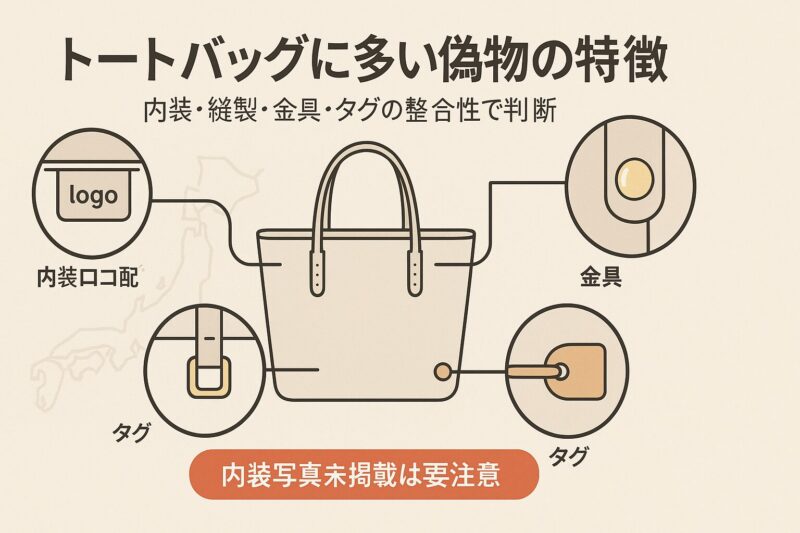 alt="トートバッグに多いguscioの偽物特徴を示す図解。内装ロゴ、縫製、金具、タグ刻印のチェックポイント"
